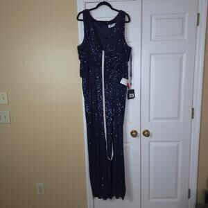 Ieena for Mac Duggal 26598 V-Neck Sequin Wrap Waist Gown in Navy Plus Size 20